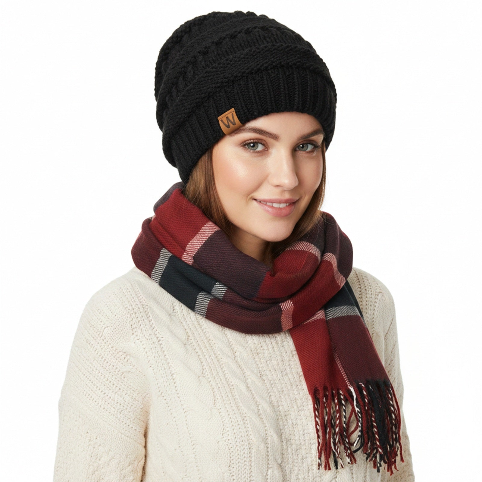 Wrapables Women's Plaid Print Long Scarf and Beanie Hat Set