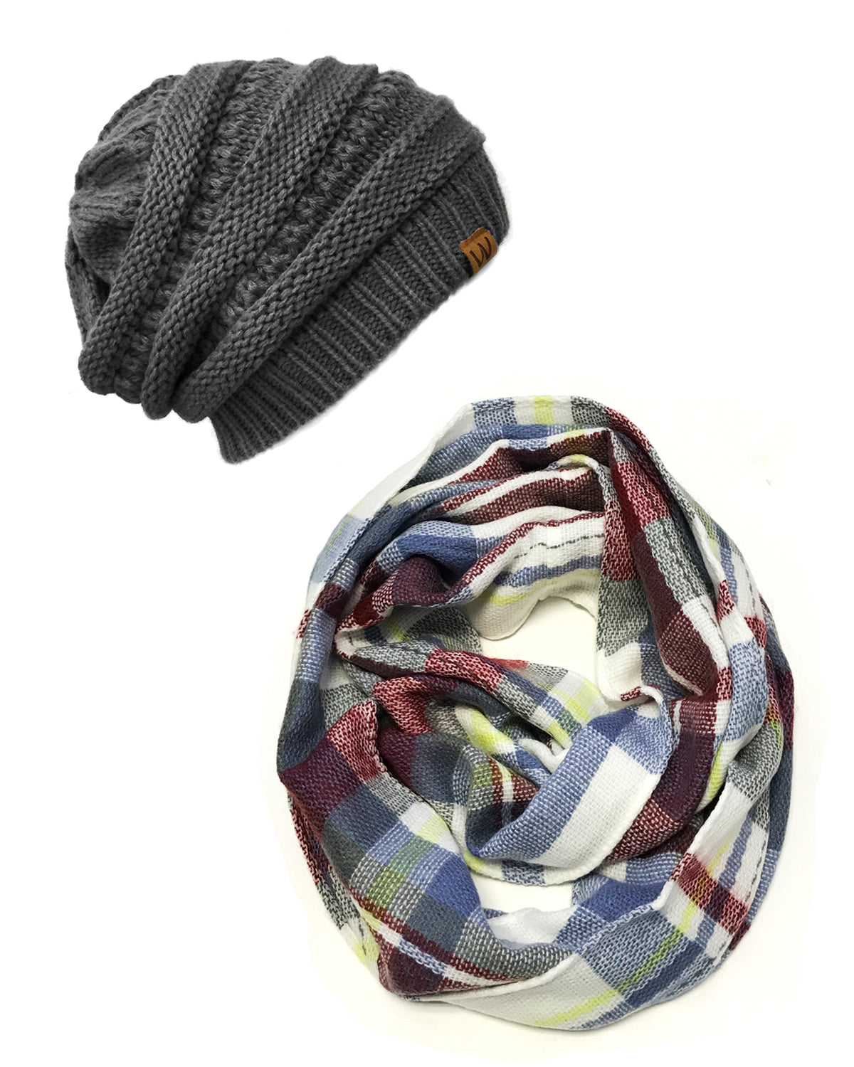 Wrapables Plaid Print Infinity Scarf and Beanie Hat Set, Gray/Wine and Charcoal Gray Set