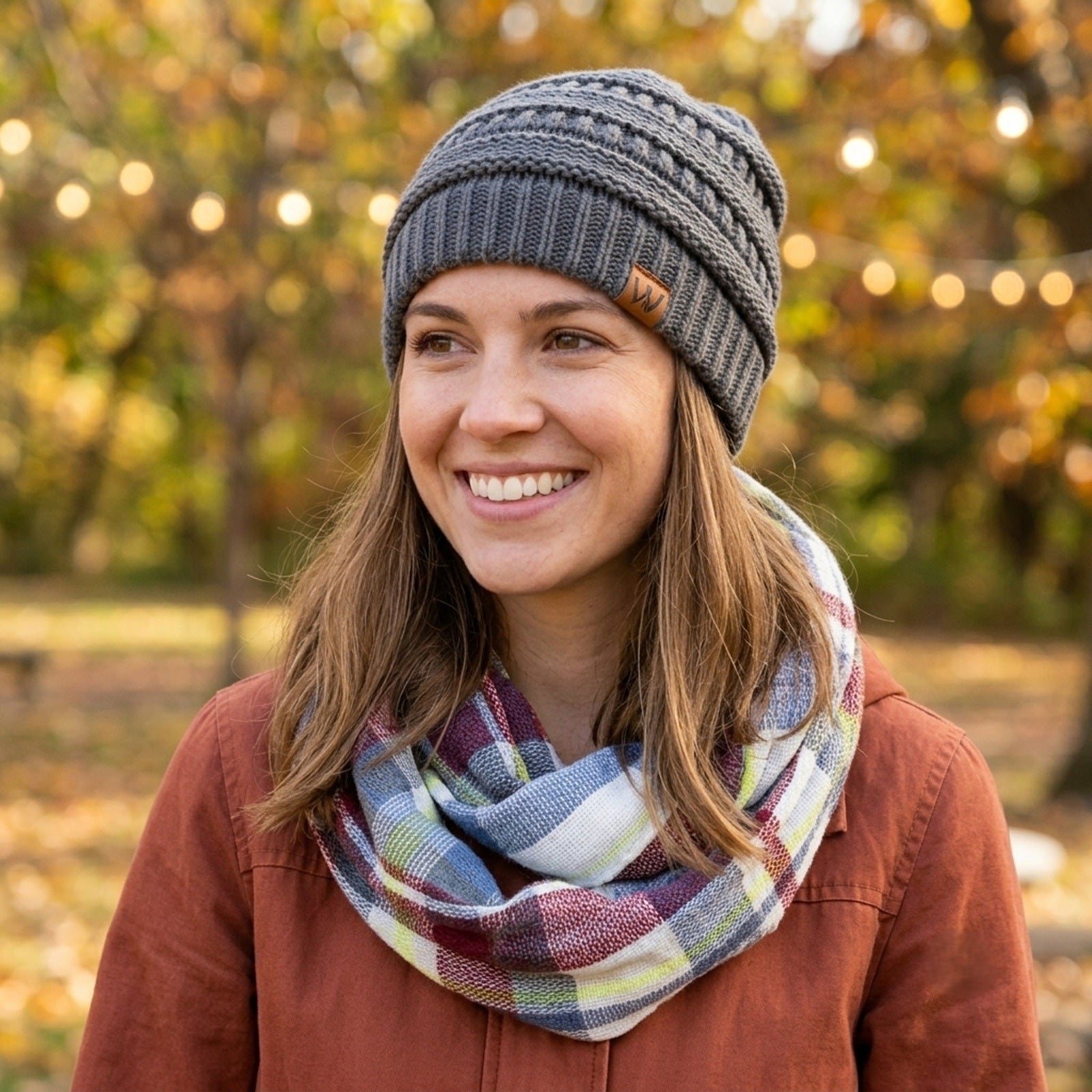 Wrapables Women's Plaid Print Infinity Scarf and Beanie Hat Set
