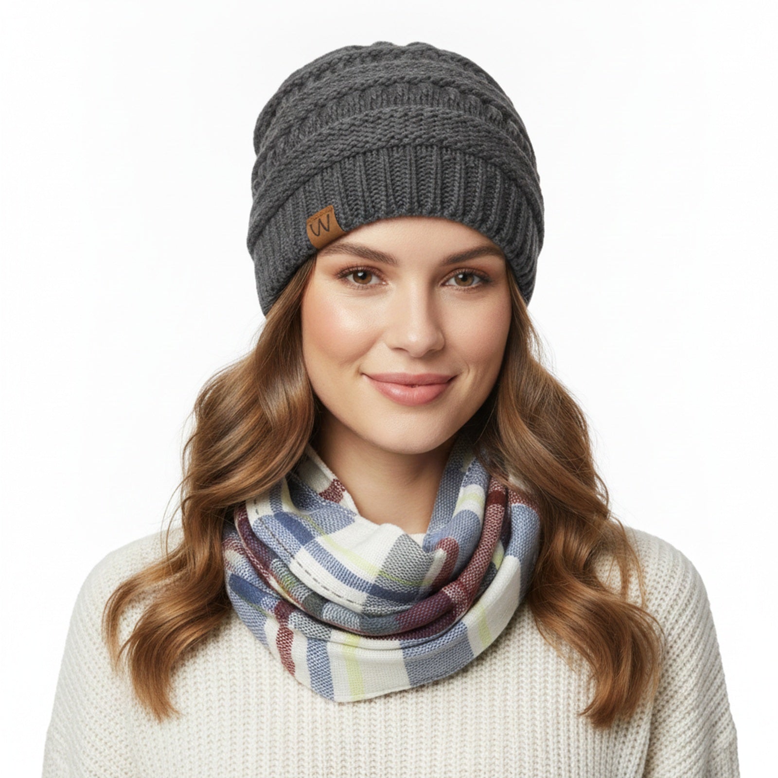 Wrapables Women's Plaid Print Infinity Scarf and Beanie Hat Set