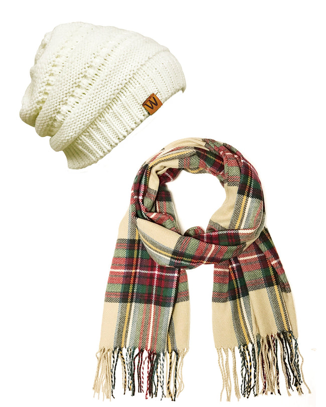 Wrapables Plaid Print Long Scarf and Beanie Hat Set, Red / Green + Cream Beanie