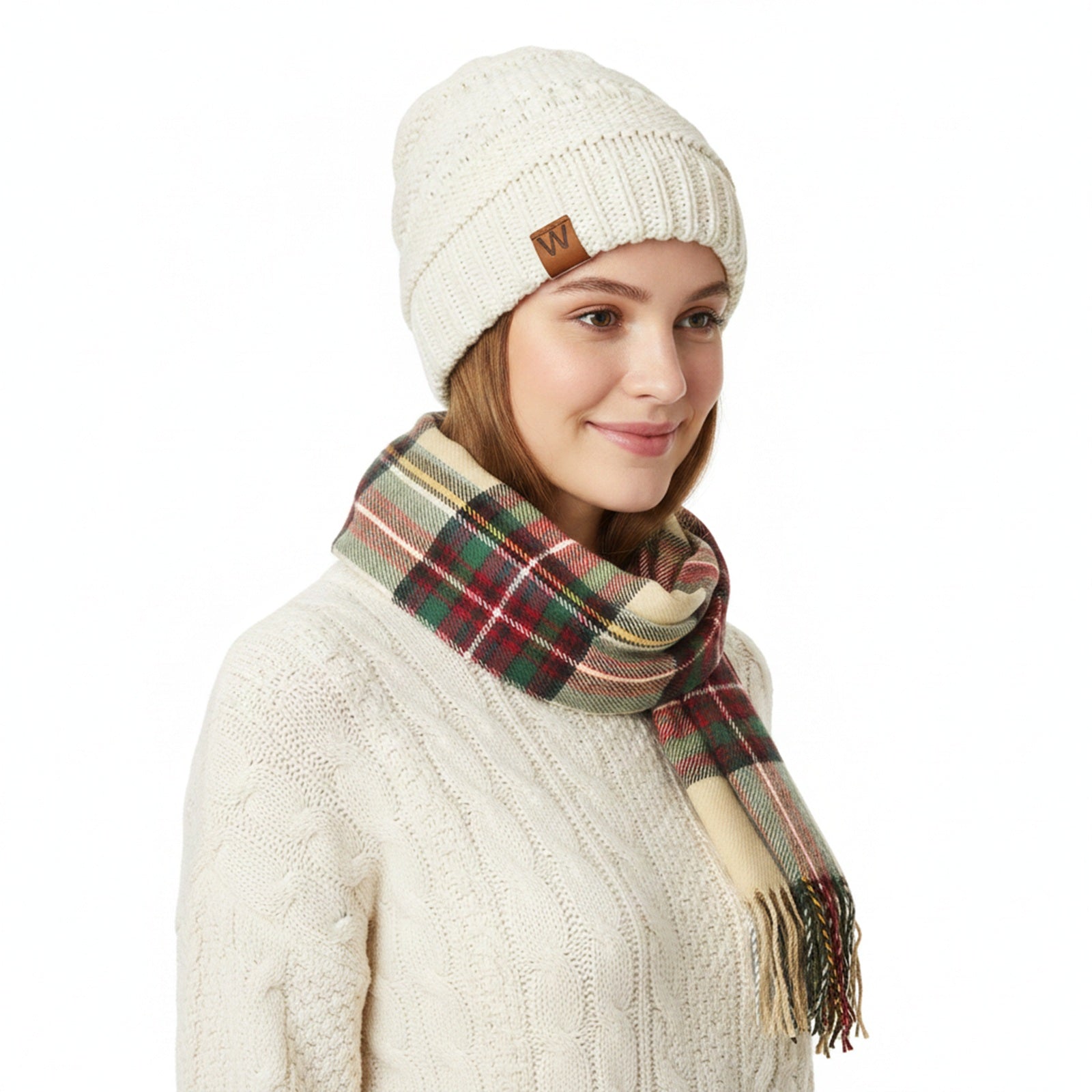 Wrapables Women's Plaid Print Long Scarf and Beanie Hat Set