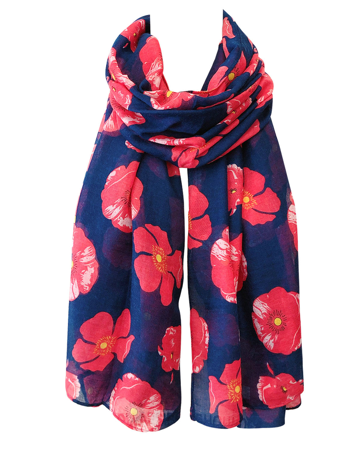 Wrapables Lightweight Poppy Floral Print Long Scarf, Navy