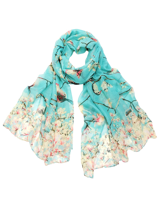 Wrapables Lightweight Vintage Floral Bird Print Long Scarf Wrap, Light Blue