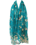 Wrapables Lightweight Vintage Floral Bird Print Long Scarf Wrap, Teal