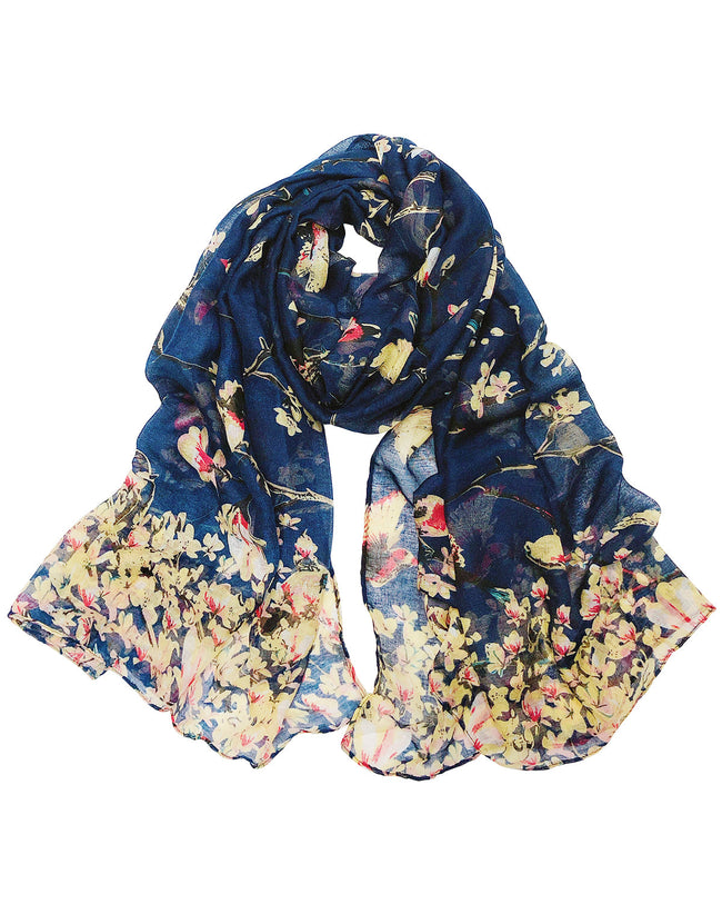 Wrapables Lightweight Vintage Floral Bird Print Long Scarf Wrap, Navy