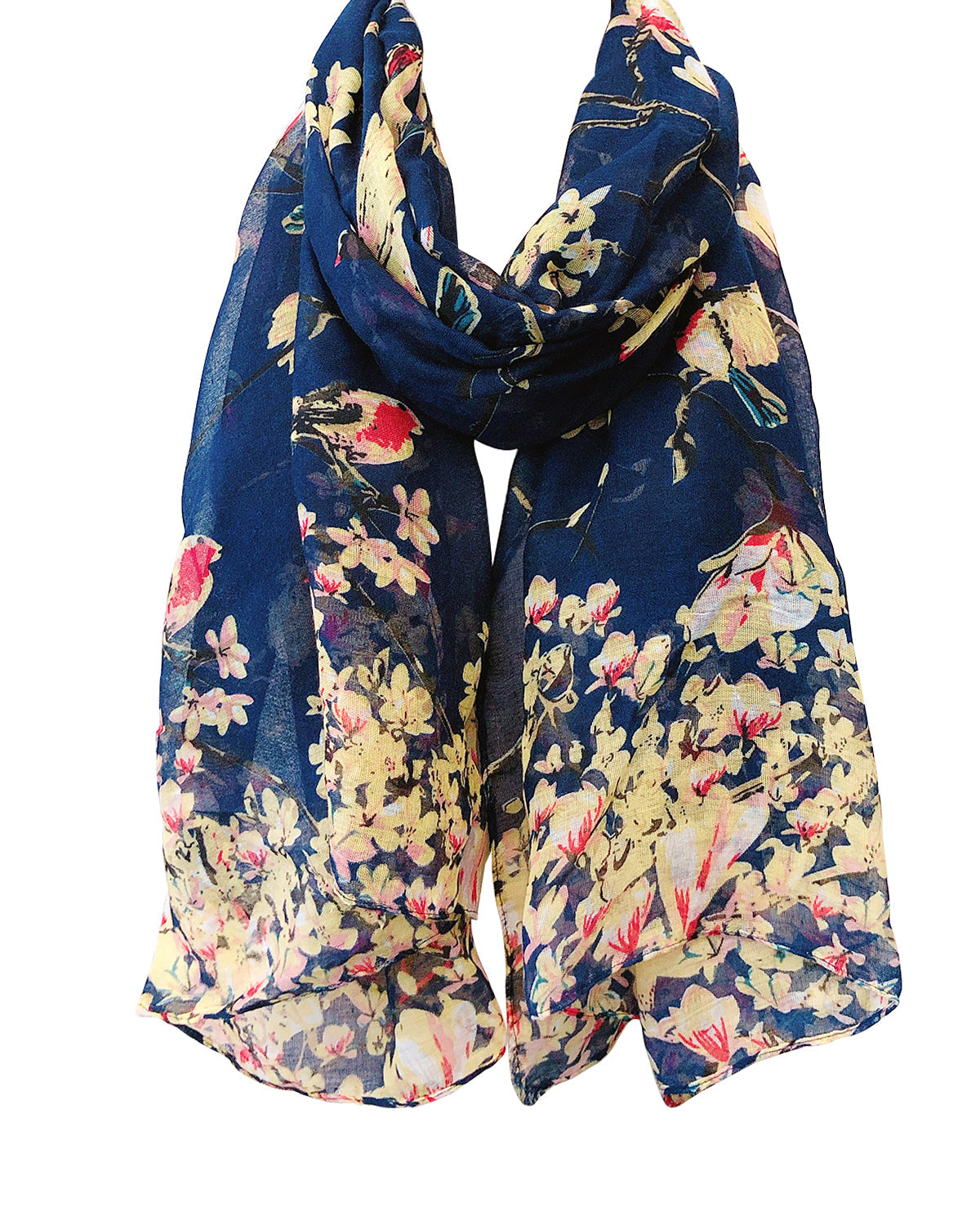 Wrapables Lightweight Vintage Floral Bird Print Long Scarf Wrap, Navy