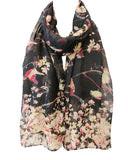 Wrapables Lightweight Vintage Floral Bird Print Long Scarf Wrap, Black