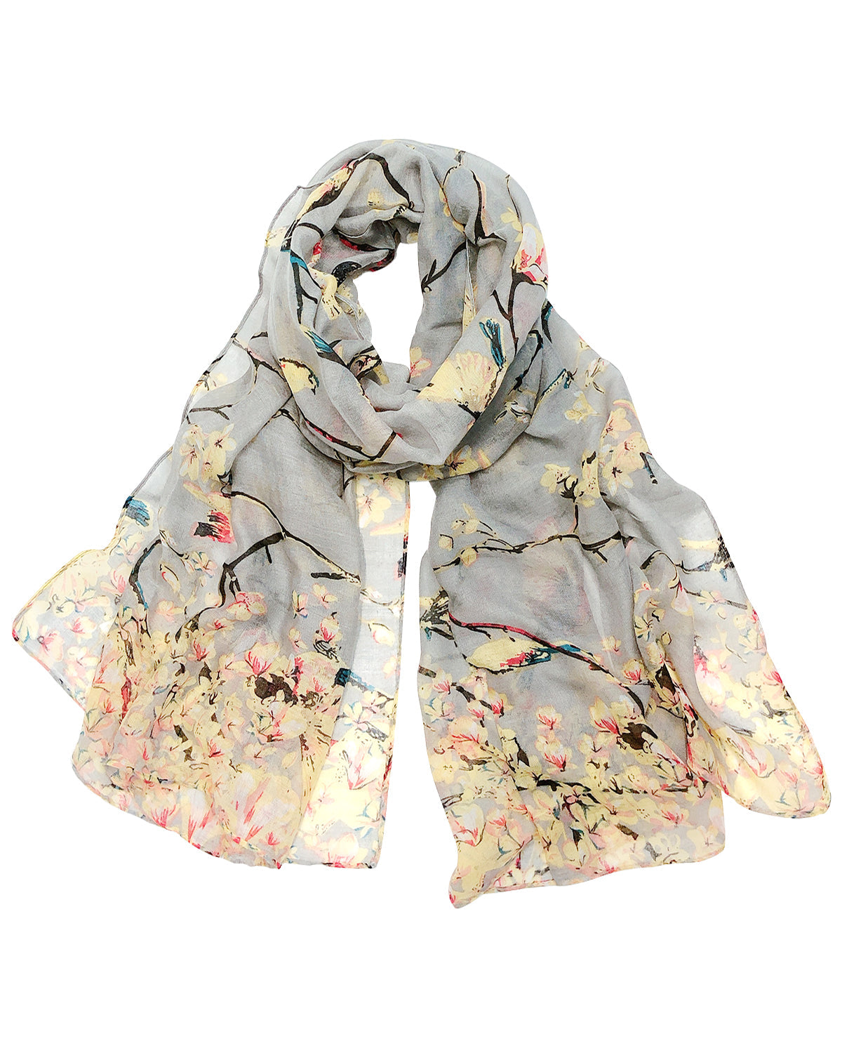 Wrapables Lightweight Vintage Floral Bird Print Long Scarf Wrap, Gray