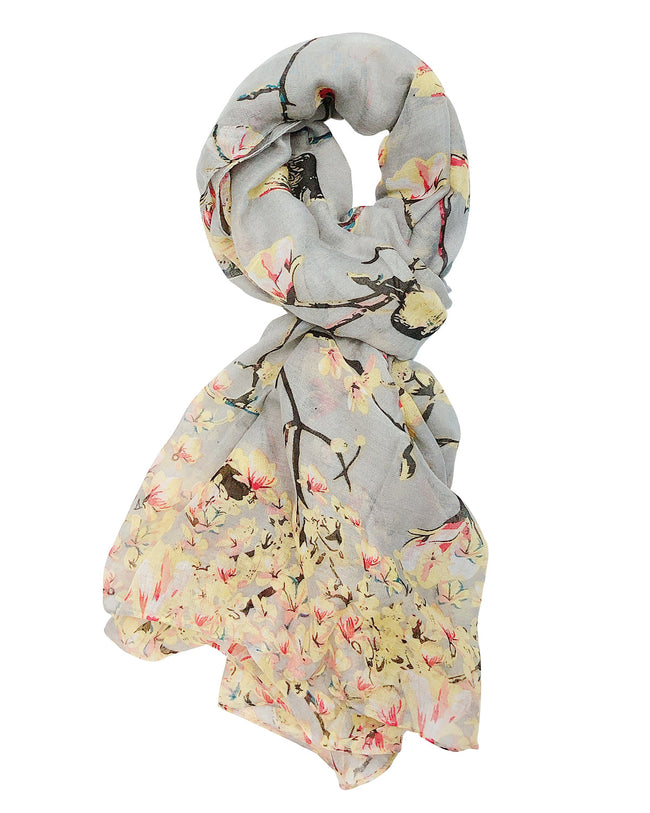 Wrapables Lightweight Vintage Floral Bird Print Long Scarf Wrap, Gray