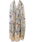 Wrapables Lightweight Vintage Floral Bird Print Long Scarf Wrap, Gray