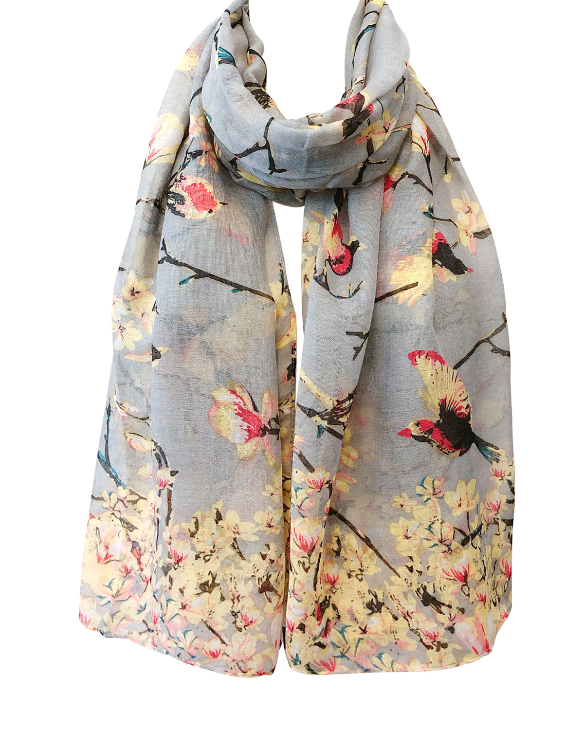 Wrapables Lightweight Vintage Floral Bird Print Long Scarf Wrap, Gray