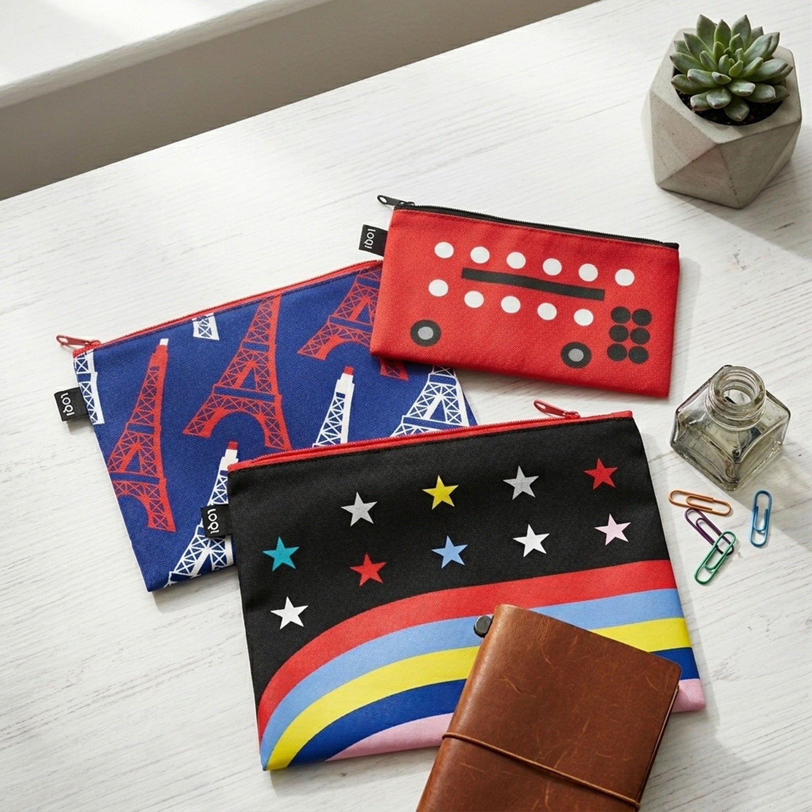 LOQI TRAVEL Bus, Eiffel Tower, Stars & Stripes Zip Pockets