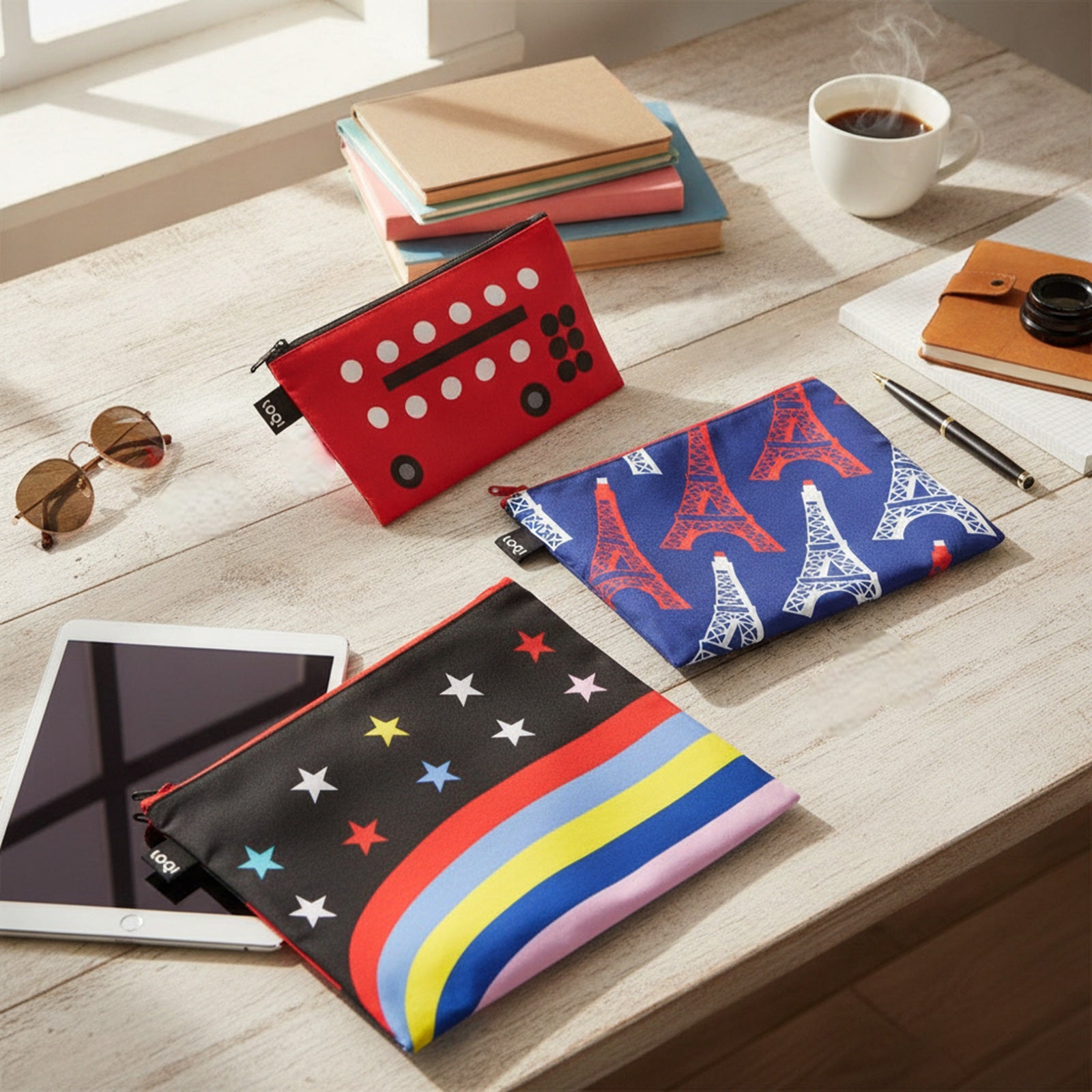 LOQI TRAVEL Bus, Eiffel Tower, Stars & Stripes Zip Pockets