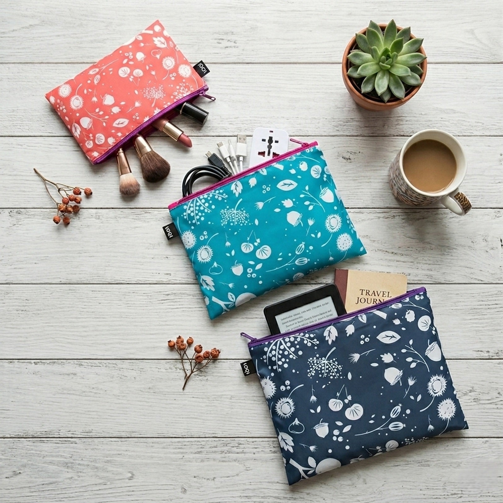 LOQI SEED Coral, Teal, Ash Zip Pockets