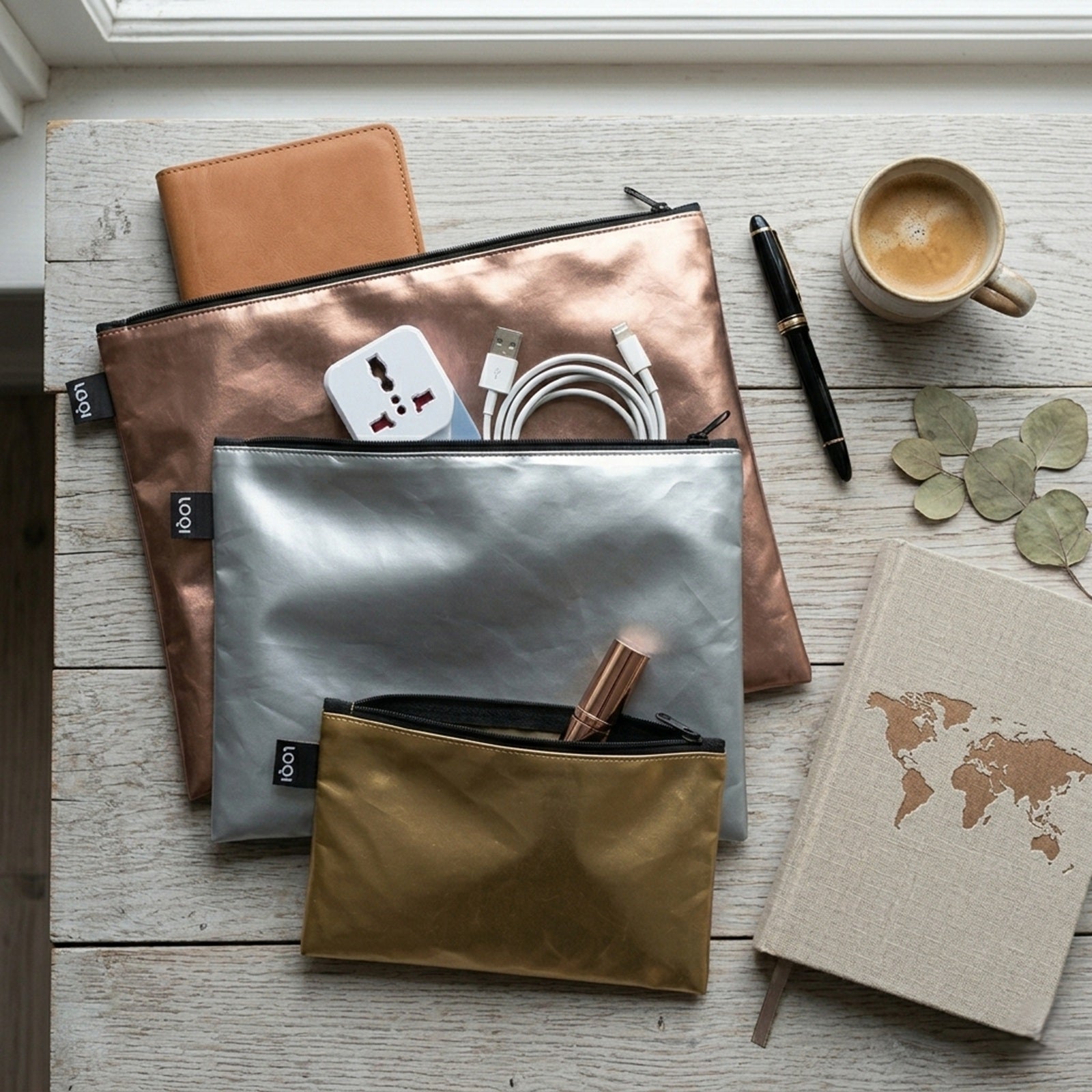 LOQI METALLIC Zip Pockets (Set of 3), Matt Gold, Matt Silver, Matt Rose Gold