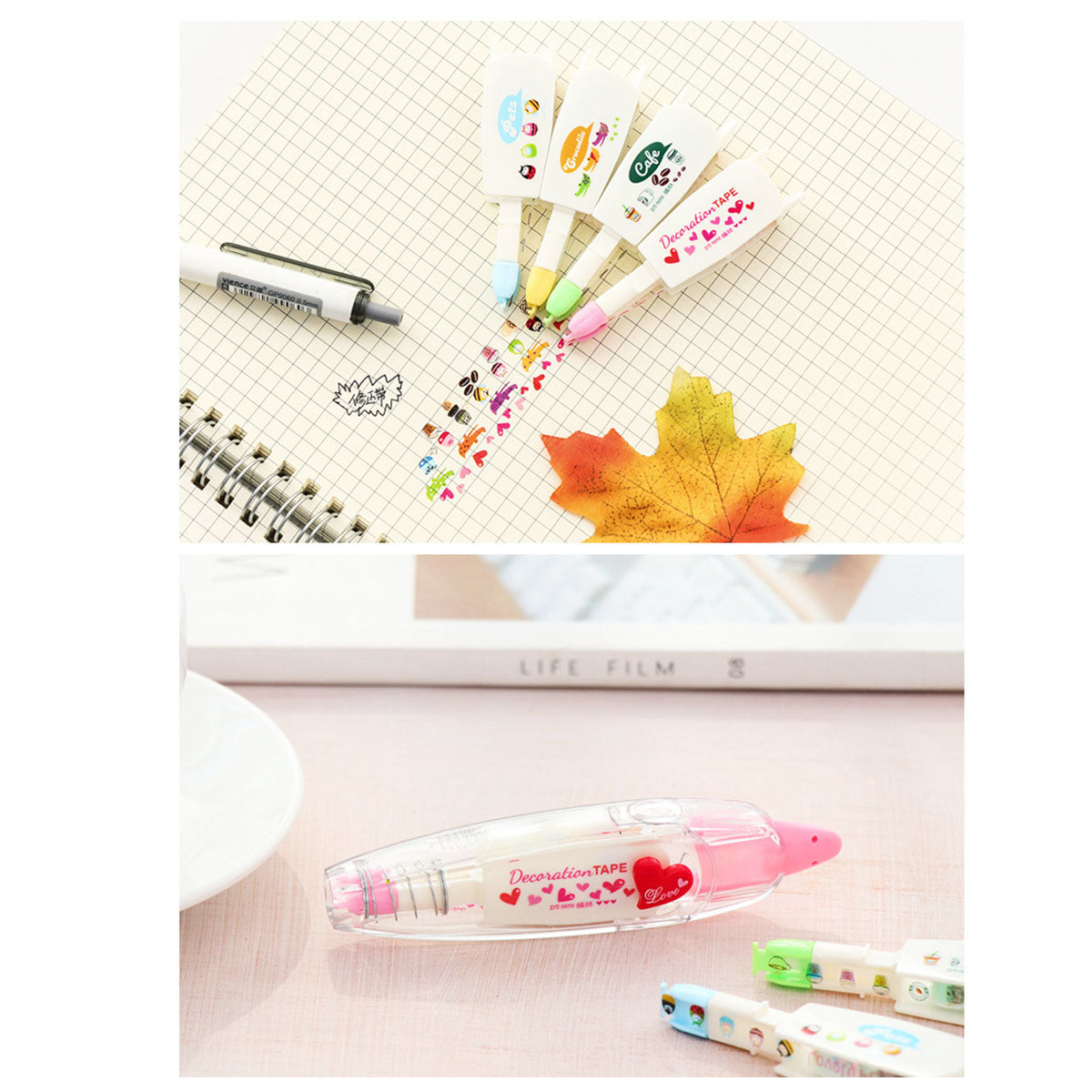 Wrapables Novelty Sticker Machine Pen with 3 Refillable Cartridges, Decorative DIY Stationery Supplies for Home Office School, (Pen + 3 Cartridges) Cafe & Hearts