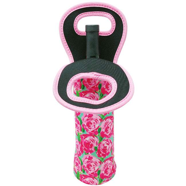 Wrapables Insulated Neoprene Wine Tote, One Bottle, Pink Roses