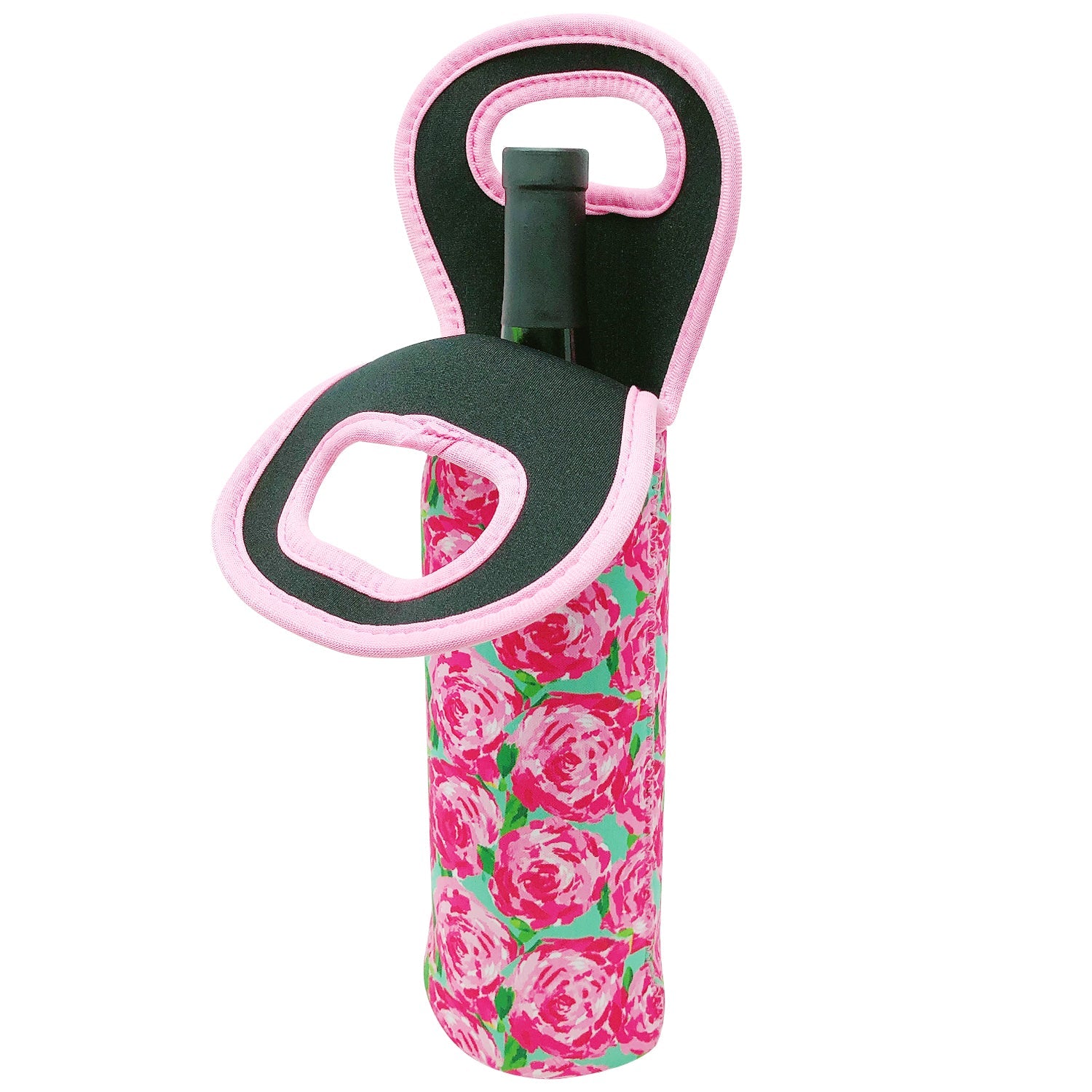 Wrapables Insulated Neoprene Wine Tote, One Bottle, Pink Roses