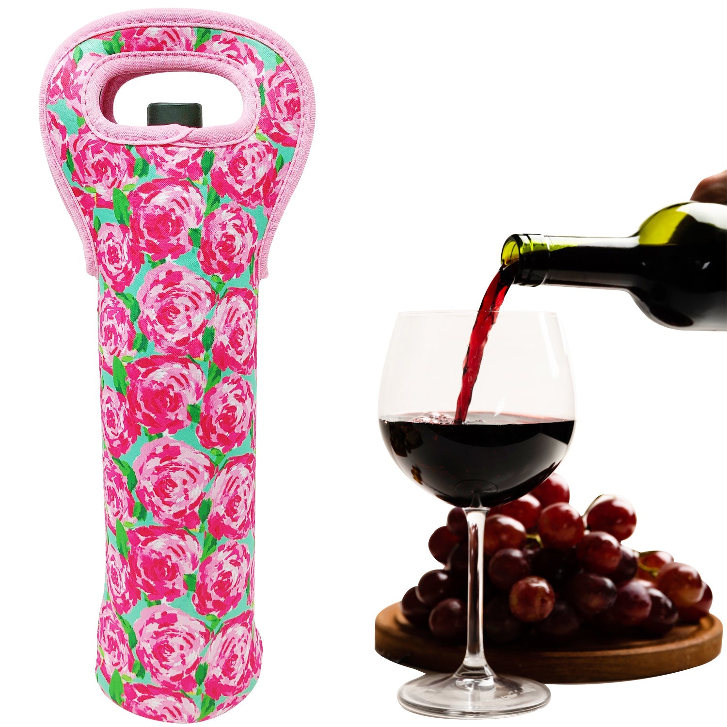 Wrapables Insulated Neoprene Wine Tote, One Bottle, Pink Roses