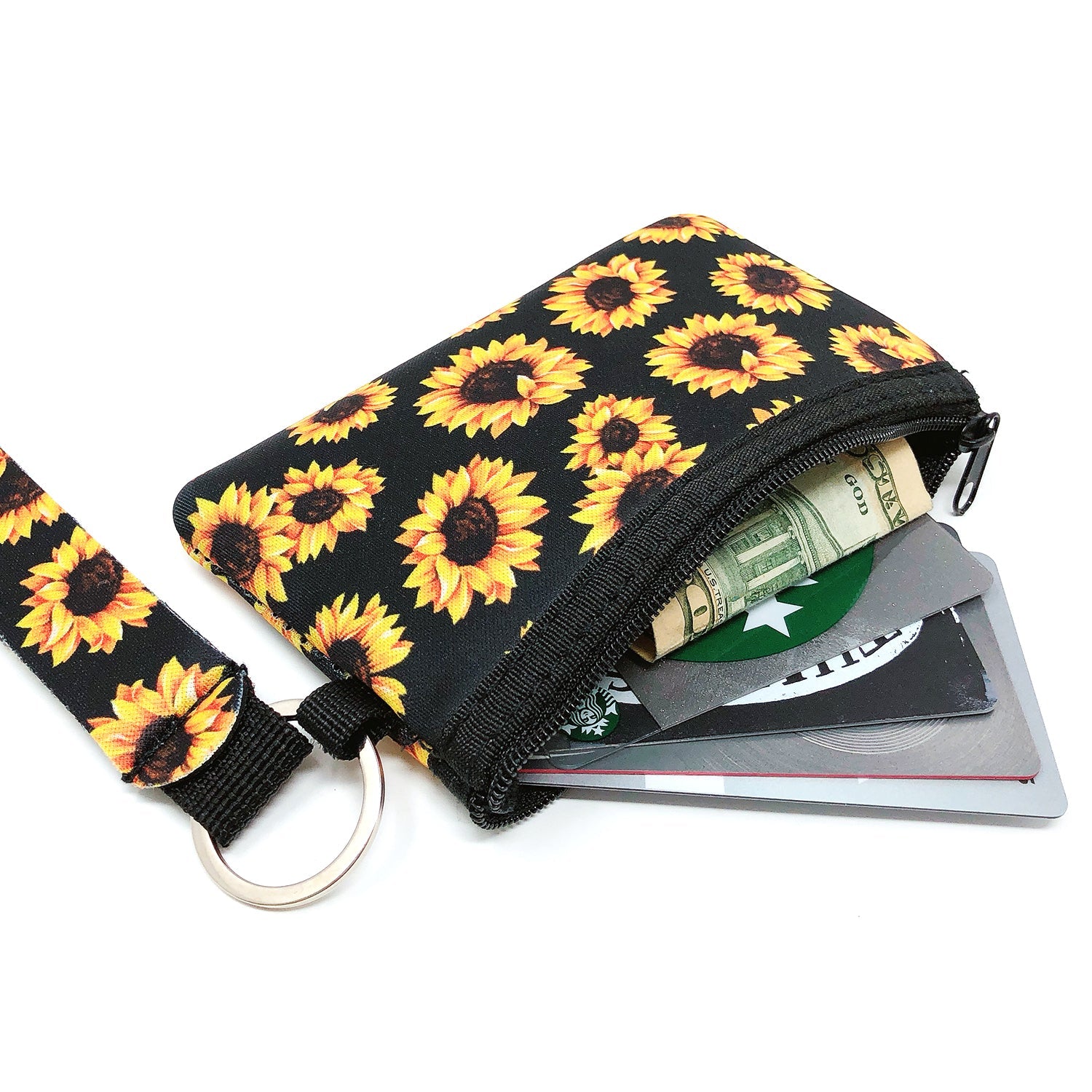 Wrapables Neoprene Mini Wristlet Wallet / Credit Card ID Holder with Lanyard, Sunflowers