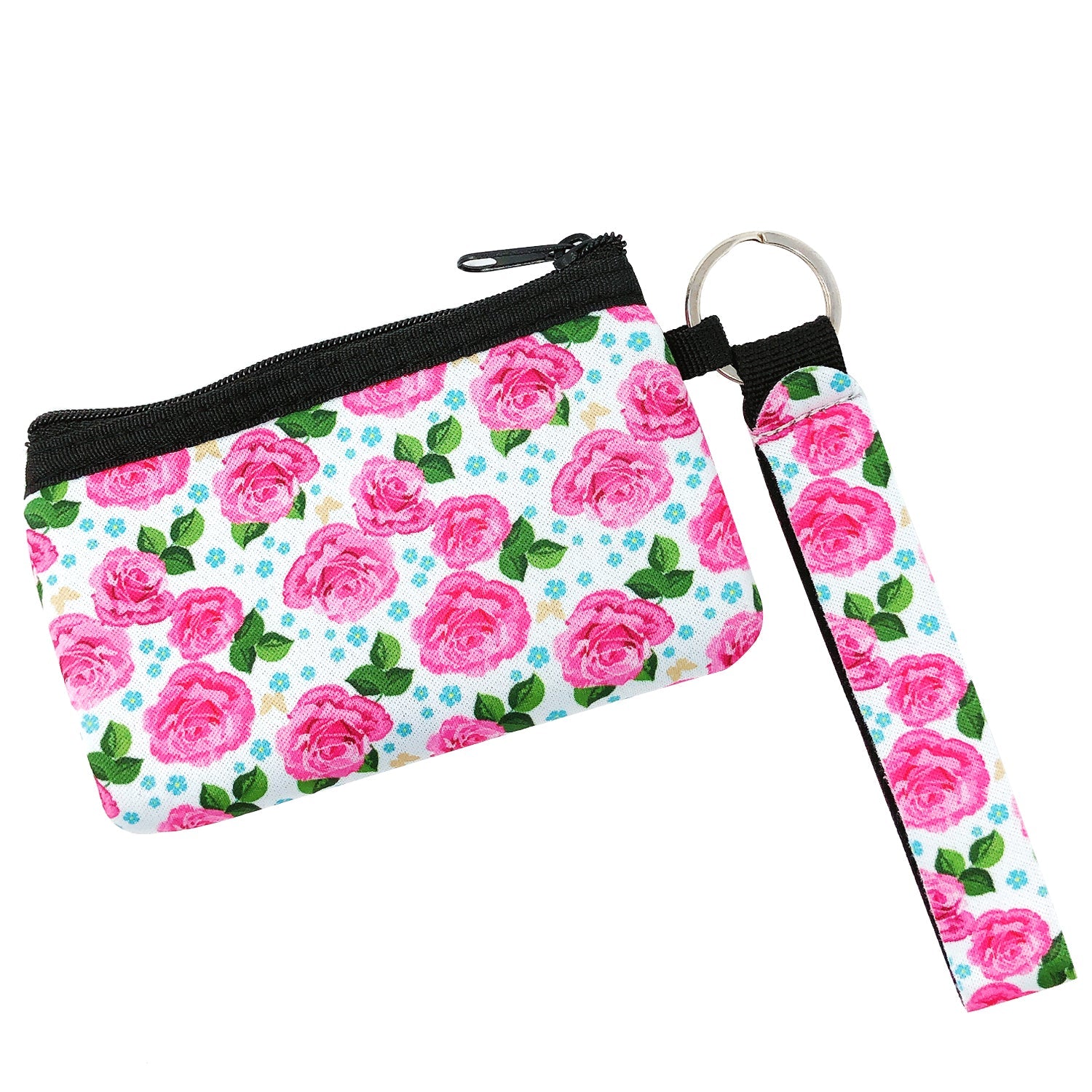 Wrapables Neoprene Mini Wristlet Wallet / Credit Card ID Holder with Lanyard, Pink Roses