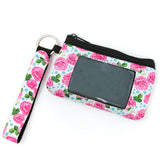 Wrapables Neoprene Mini Wristlet Wallet / Credit Card ID Holder with Lanyard, Pink Roses