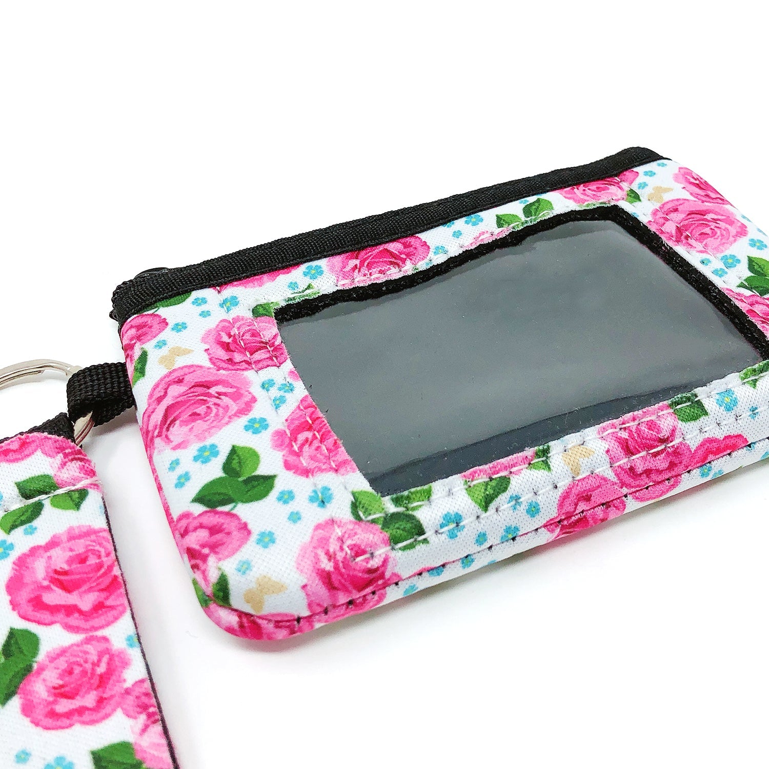 Wrapables Neoprene Mini Wristlet Wallet / Credit Card ID Holder with Lanyard, Pink Roses