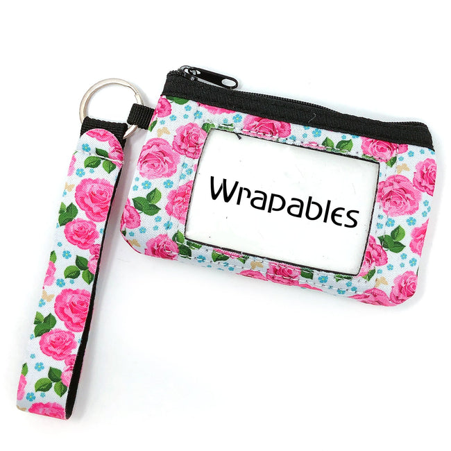 Wrapables Neoprene Mini Wristlet Wallet / Credit Card ID Holder with Lanyard, Pink Roses