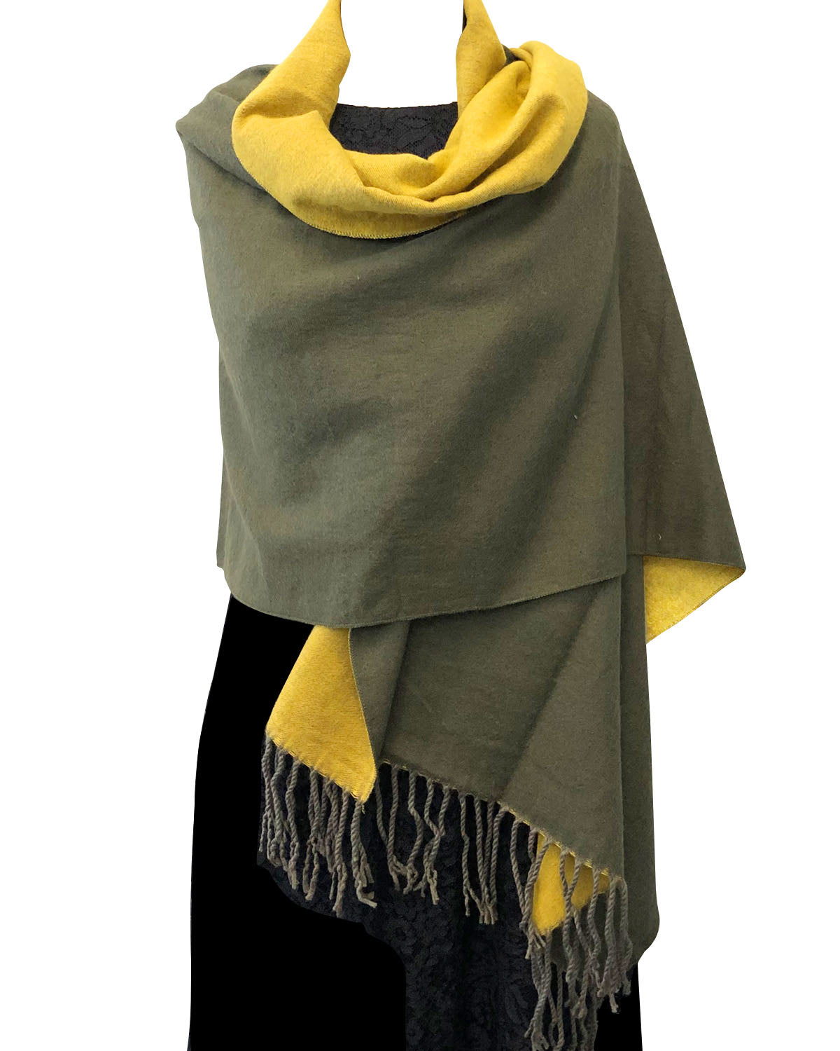 Wrapables Soft Cashmere Feeling Scarf, Large Two-Tone Winter Scarf Wrap Shawl, Camo Green / Mustard