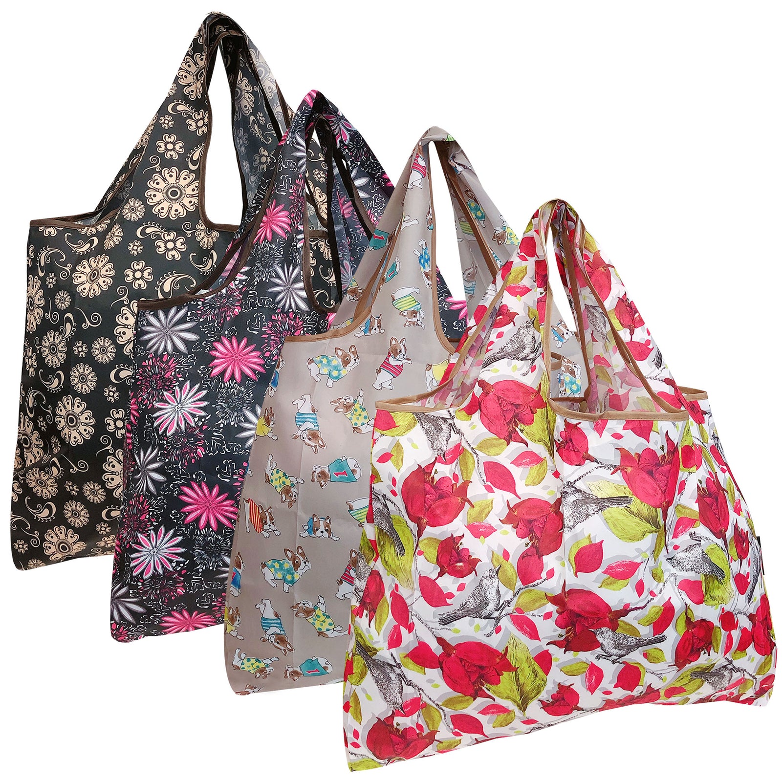 Wrapables Large Foldable Tote Nylon Reusable Grocery Bags, 4 Pack