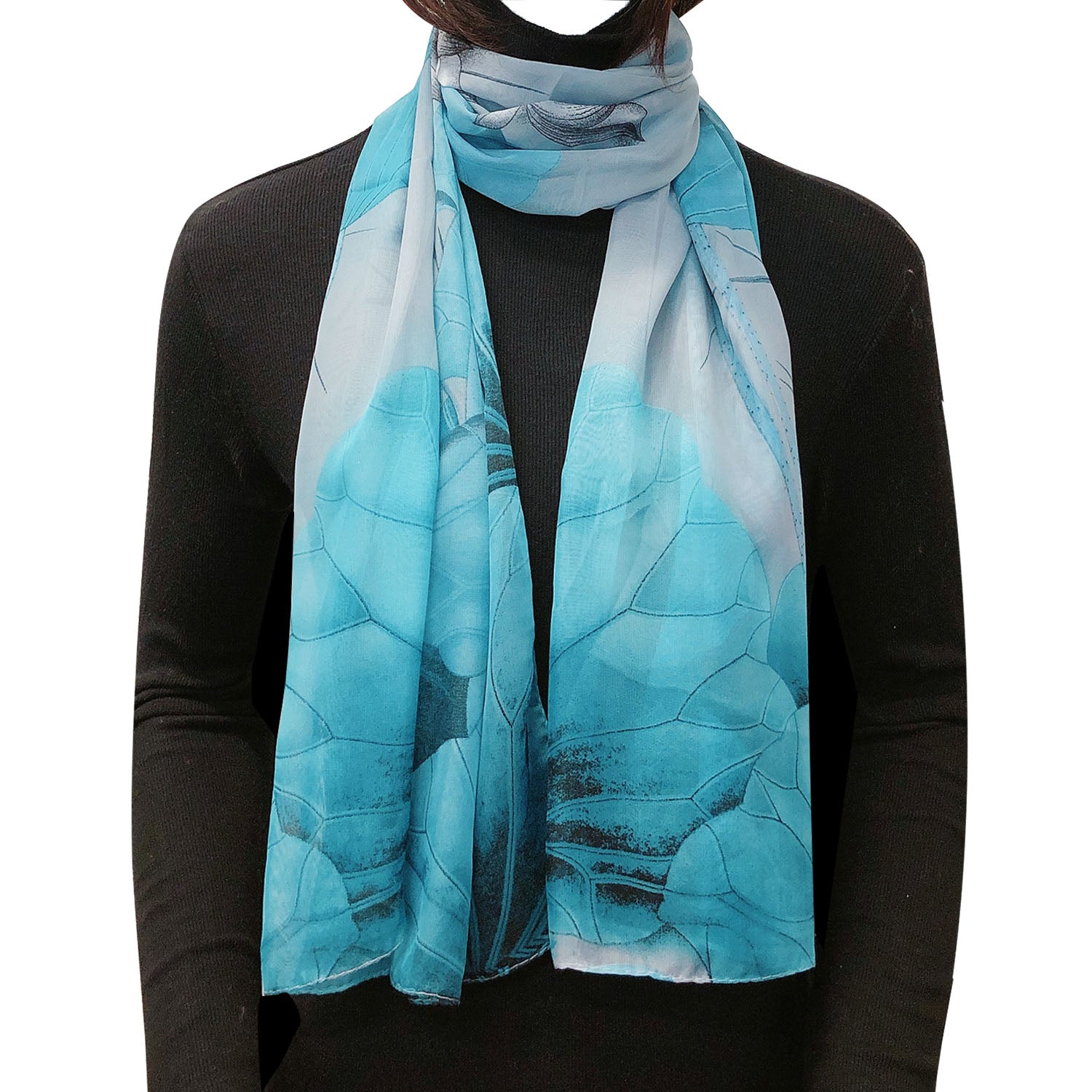 Wrapables Lightweight Sheer Silky Feeling Georgette Scarf, Aqua Lotus Flower