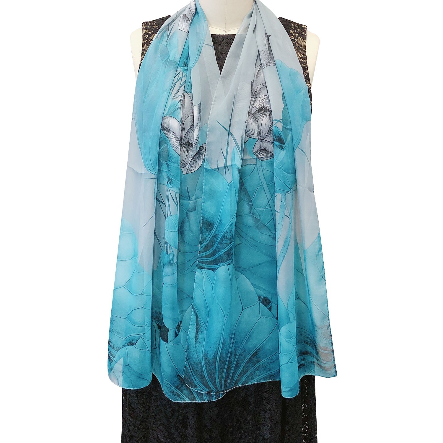 Wrapables Lightweight Sheer Silky Feeling Georgette Scarf, Aqua Lotus Flower