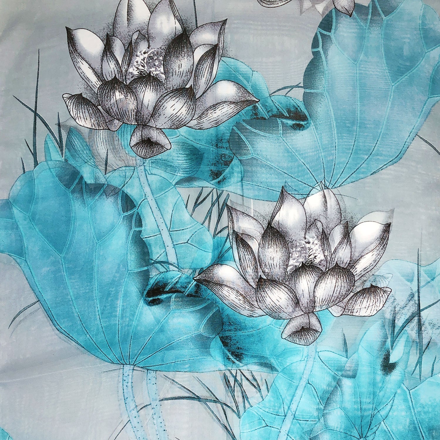 Wrapables Lightweight Sheer Silky Feeling Georgette Scarf, Aqua Lotus Flower