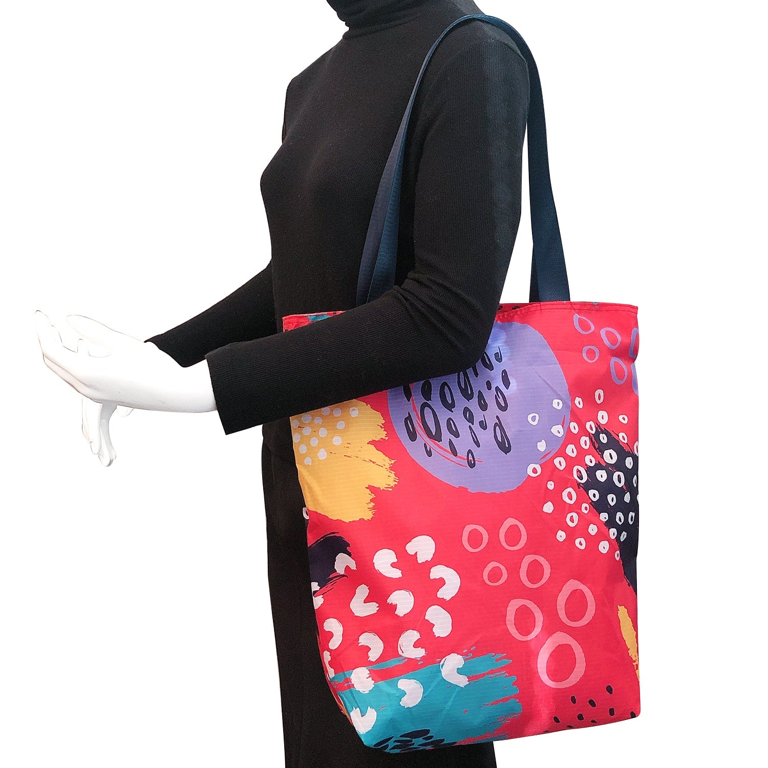 Wrapables Stylish Compact Folding Ripstop Polyester Tote Bag, Shoulder Bag, Travel Bag, Shopping Bag, Bright Retro