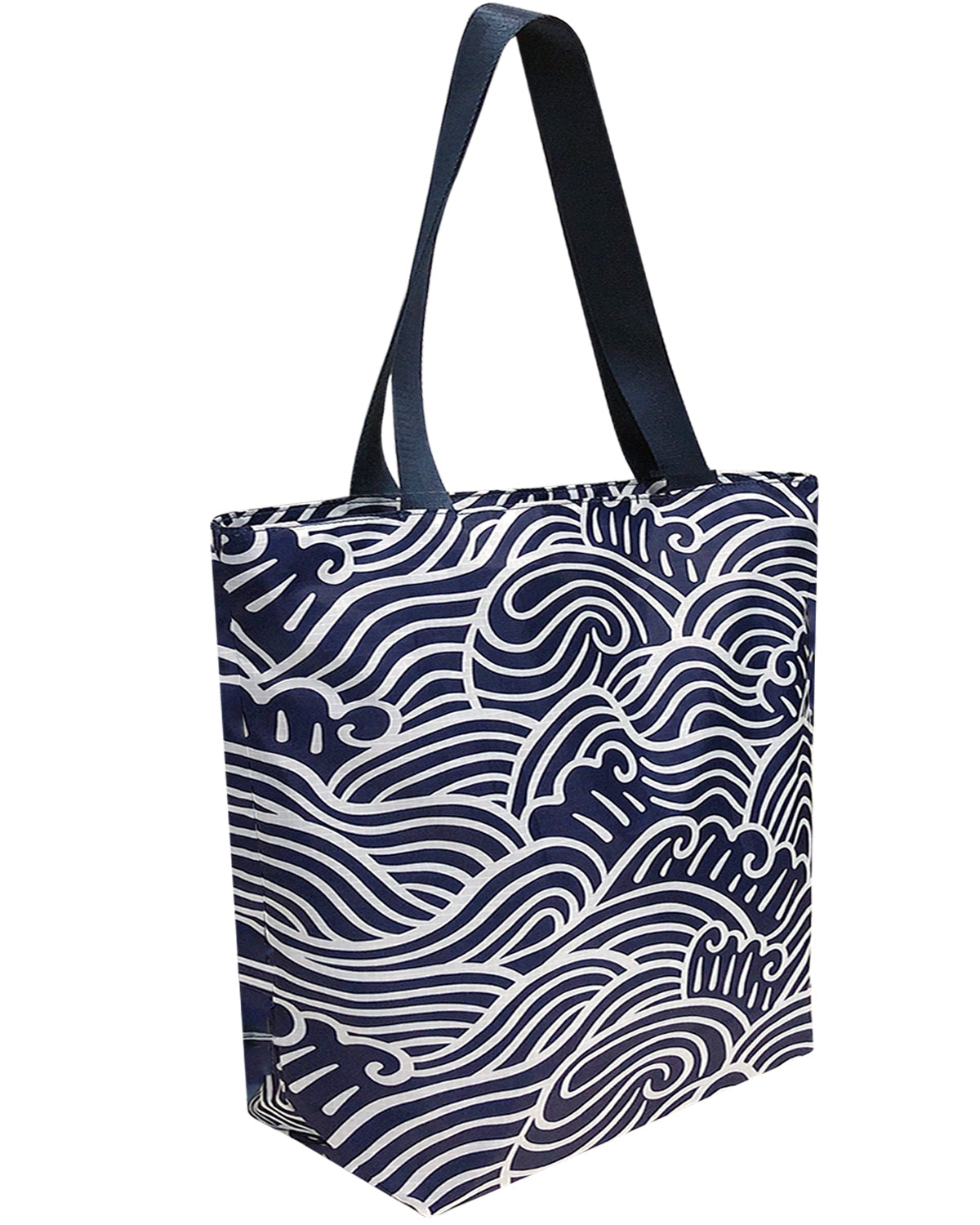 Wrapables Stylish Compact Folding Ripstop Polyester Tote Bag, Shoulder Bag, Travel Bag, Shopping Bag, Navy Swirls