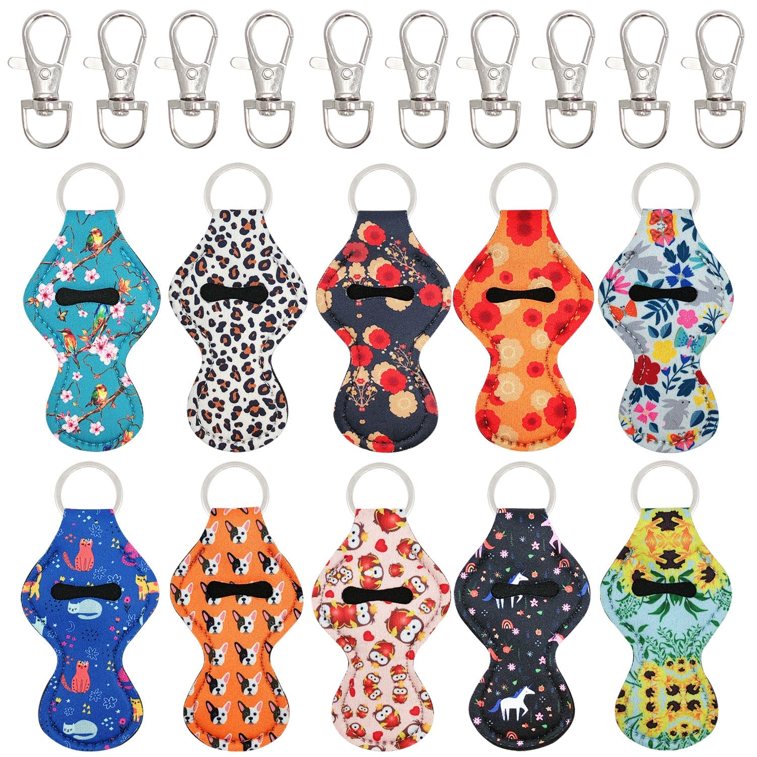 Wrapables 10 Pack Chapstick Holder Keychain with 10 Pieces Metal Clasps, Fun collection