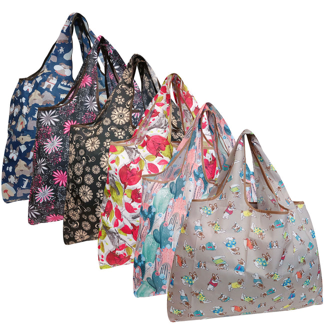 Wrapables Large Foldable Tote Nylon Reusable Grocery Bags, 6 Pack