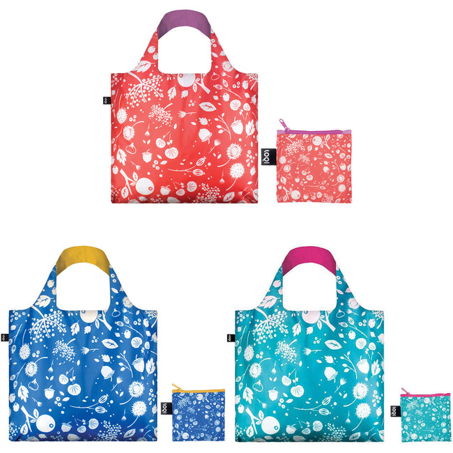 LOQI Seed Reusable Shopping Bags (Set of 3), Coral Bell, Cornflower, Teal