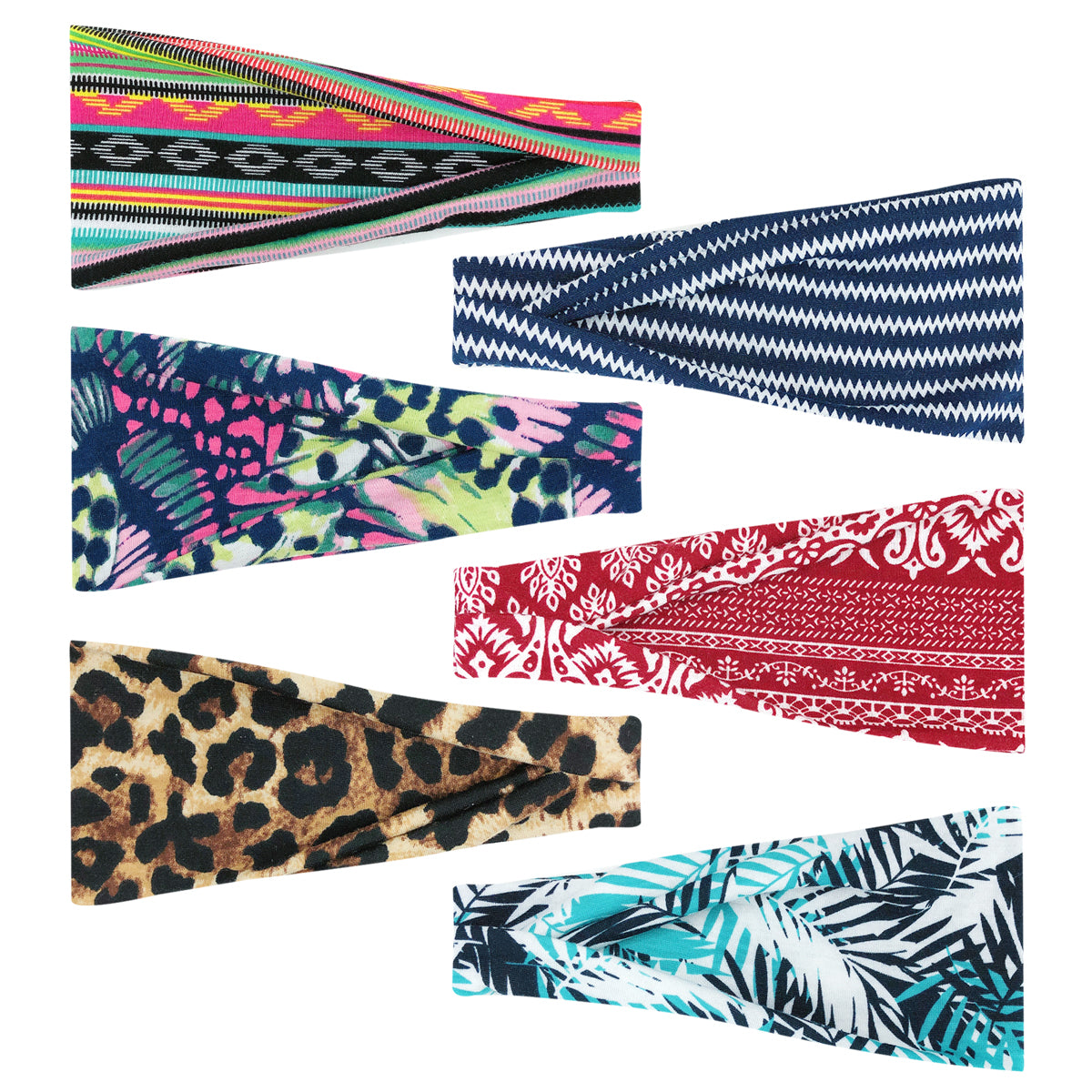Wrapables Boho Vintage Floral Elastic Headbands for Sports, Yoga, Workouts, Facials (Set of 6), Safari Fun