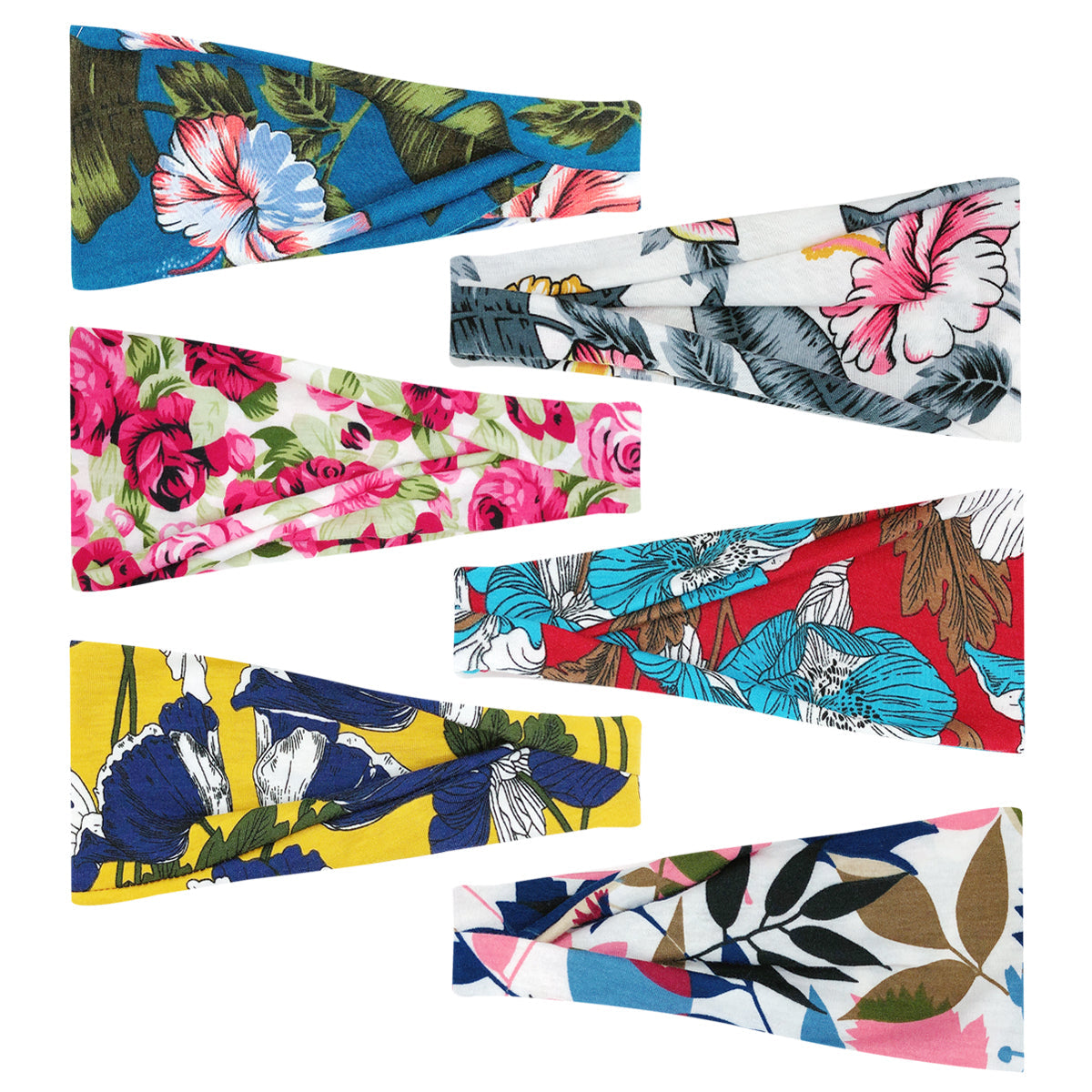 Wrapables Boho Vintage Floral Elastic Headbands for Sports, Yoga, Workouts, Facials (Set of 6), Floral Print