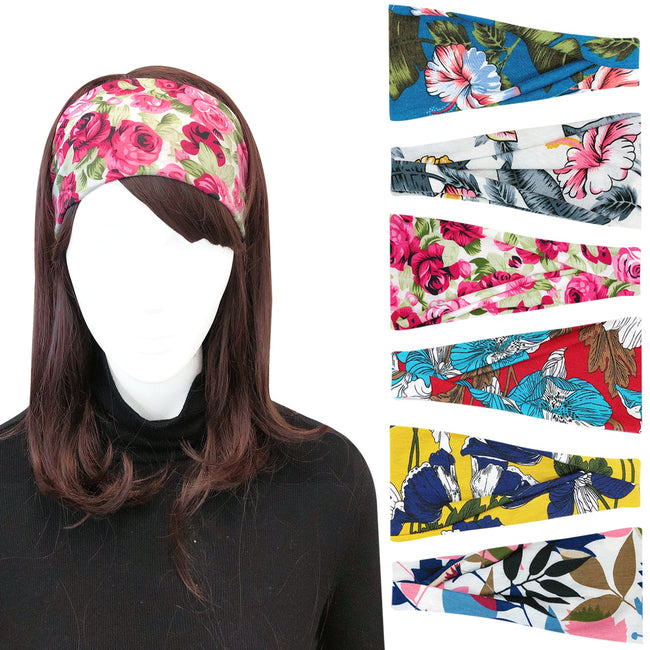 Wrapables Boho Vintage Floral Elastic Headbands for Sports, Yoga, Workouts, Facials (Set of 6), Floral Print