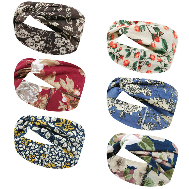 Wrapables Boho Vintage Floral Elastic Headbands for Sports, Yoga, Workouts, Facials (Set of 6), (Knotted) Harvest