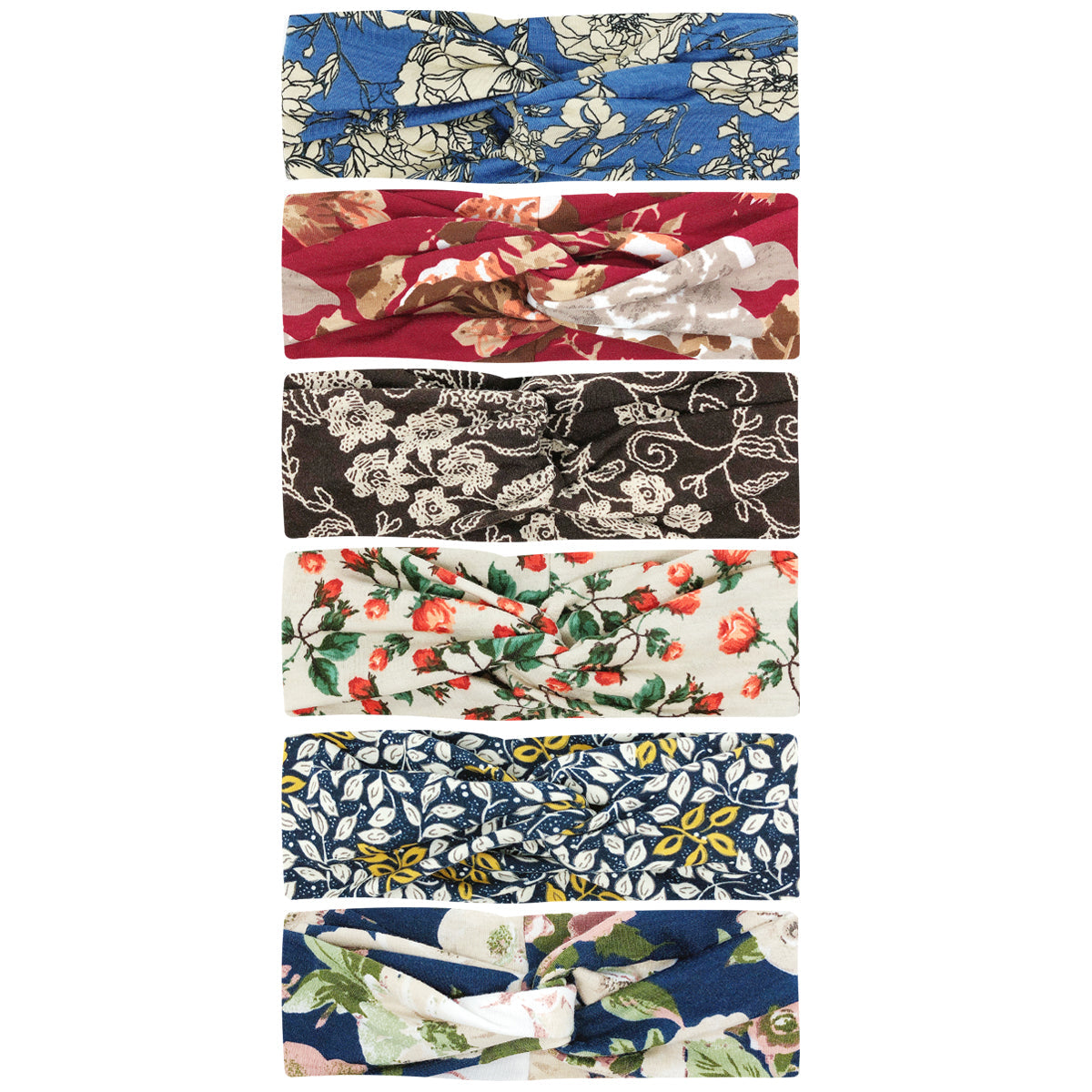 Wrapables Boho Vintage Floral Elastic Headbands for Sports, Yoga, Workouts, Facials (Set of 6), (Knotted) Harvest