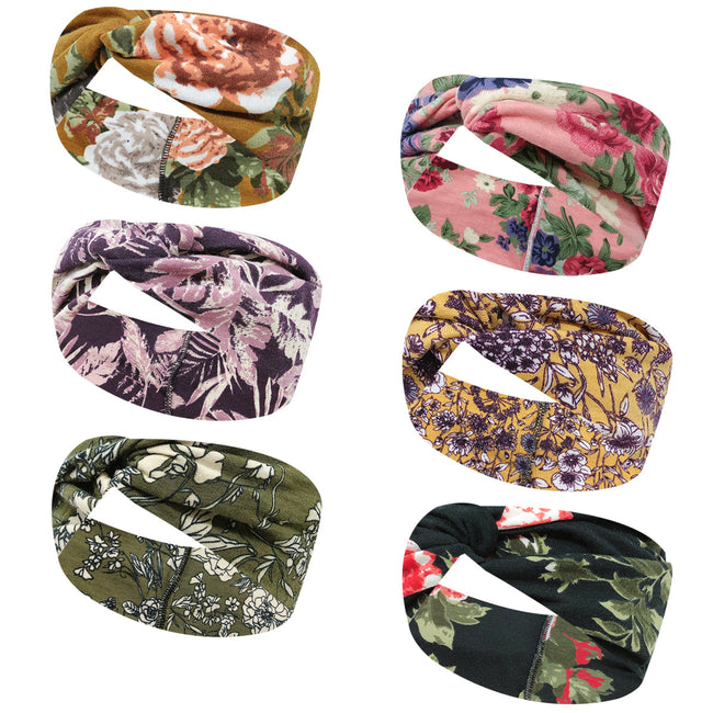 Wrapables Boho Vintage Floral Elastic Headbands for Sports, Yoga, Workouts, Facials (Set of 6), (Knotted) Romantic