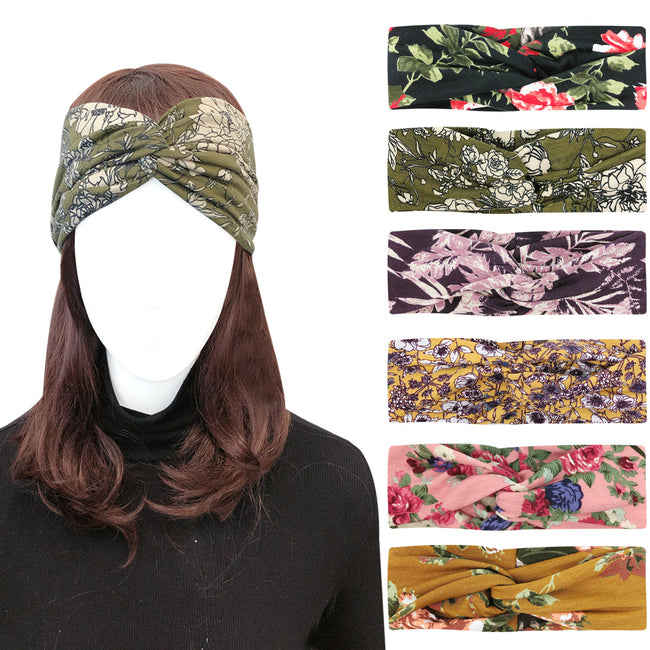 Wrapables Boho Vintage Floral Elastic Headbands for Sports, Yoga, Workouts, Facials (Set of 6), (Knotted) Romantic