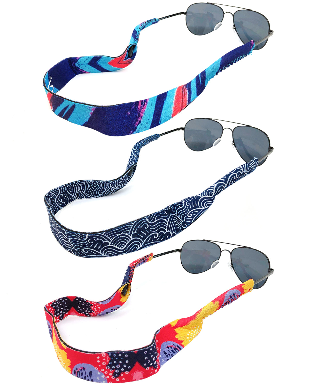 Wrapables Adjustable Eyewear Retainer, Sunglass Strap with Neoprene Floating Material for Sports and Outdoors (Set of 3), Abstract