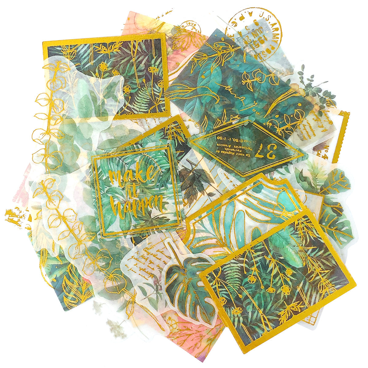 Wrapables Decorative Scrapbooking Washi Stickers, DIY Crafts for Stationery, Diary, Card Making (60 pcs), Green & Gold