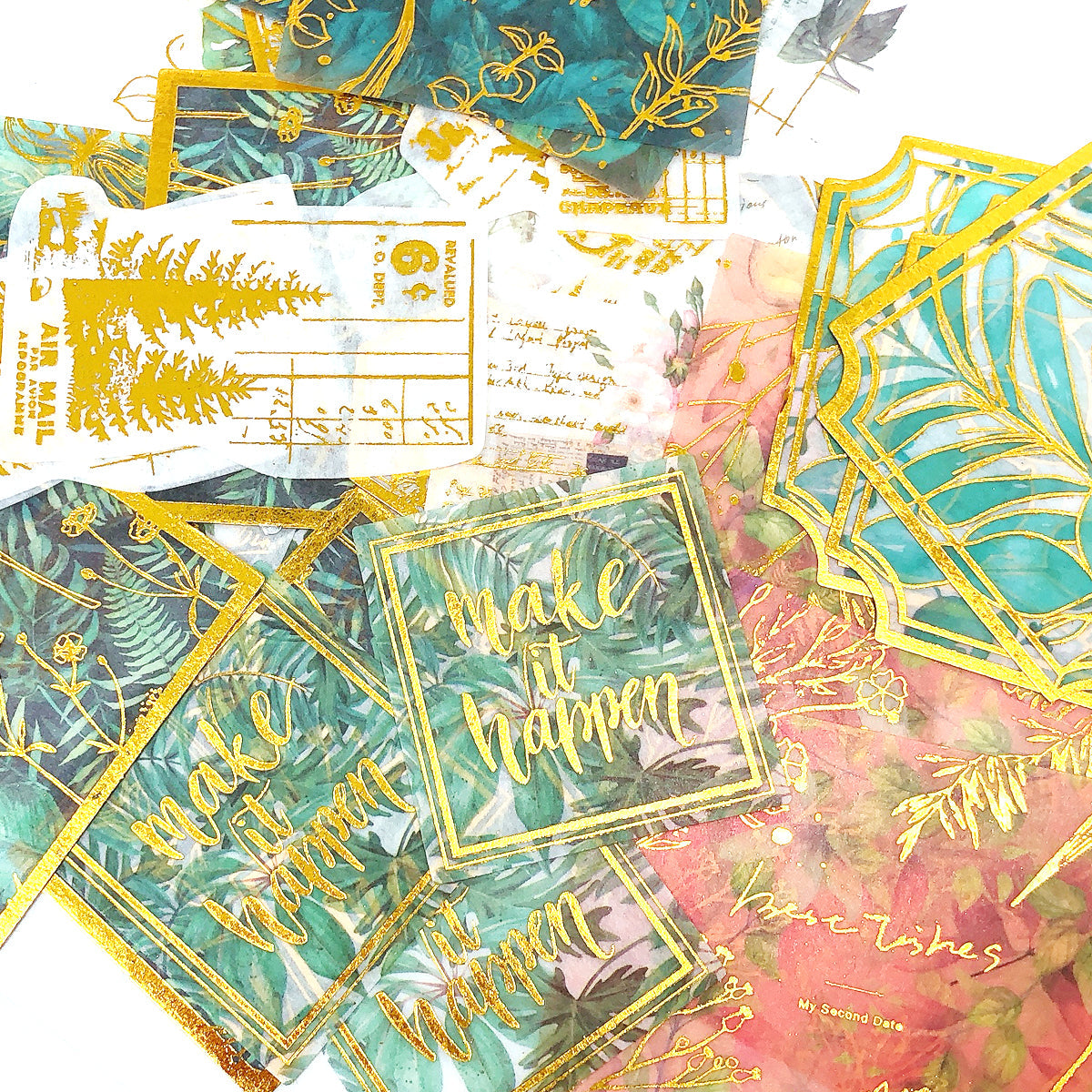 Wrapables Decorative Scrapbooking Washi Stickers, DIY Crafts for Stationery, Diary, Card Making (60 pcs), Green & Gold