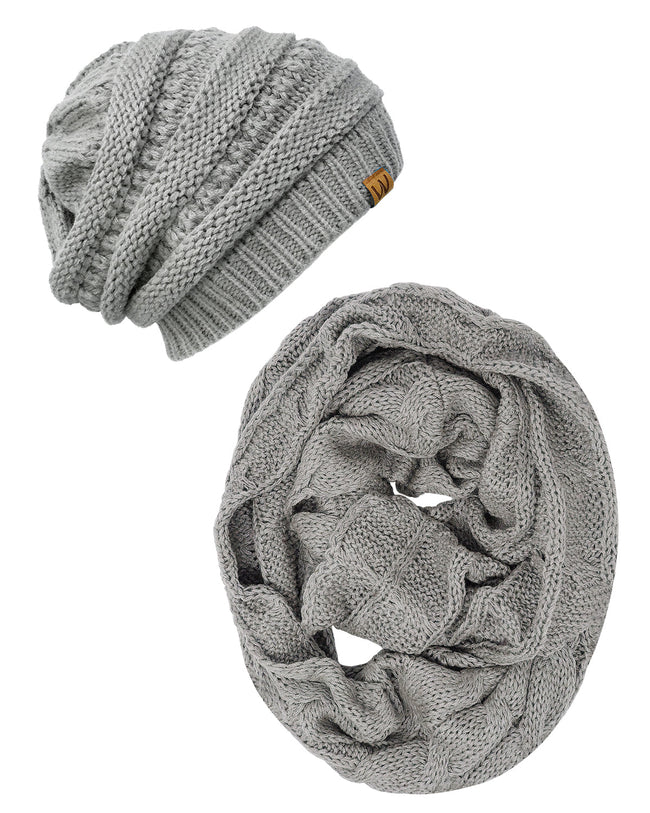 Wrapables Winter Warm Chunky Cable Knit Infinity Scarf and Beanie Set, Light Gray